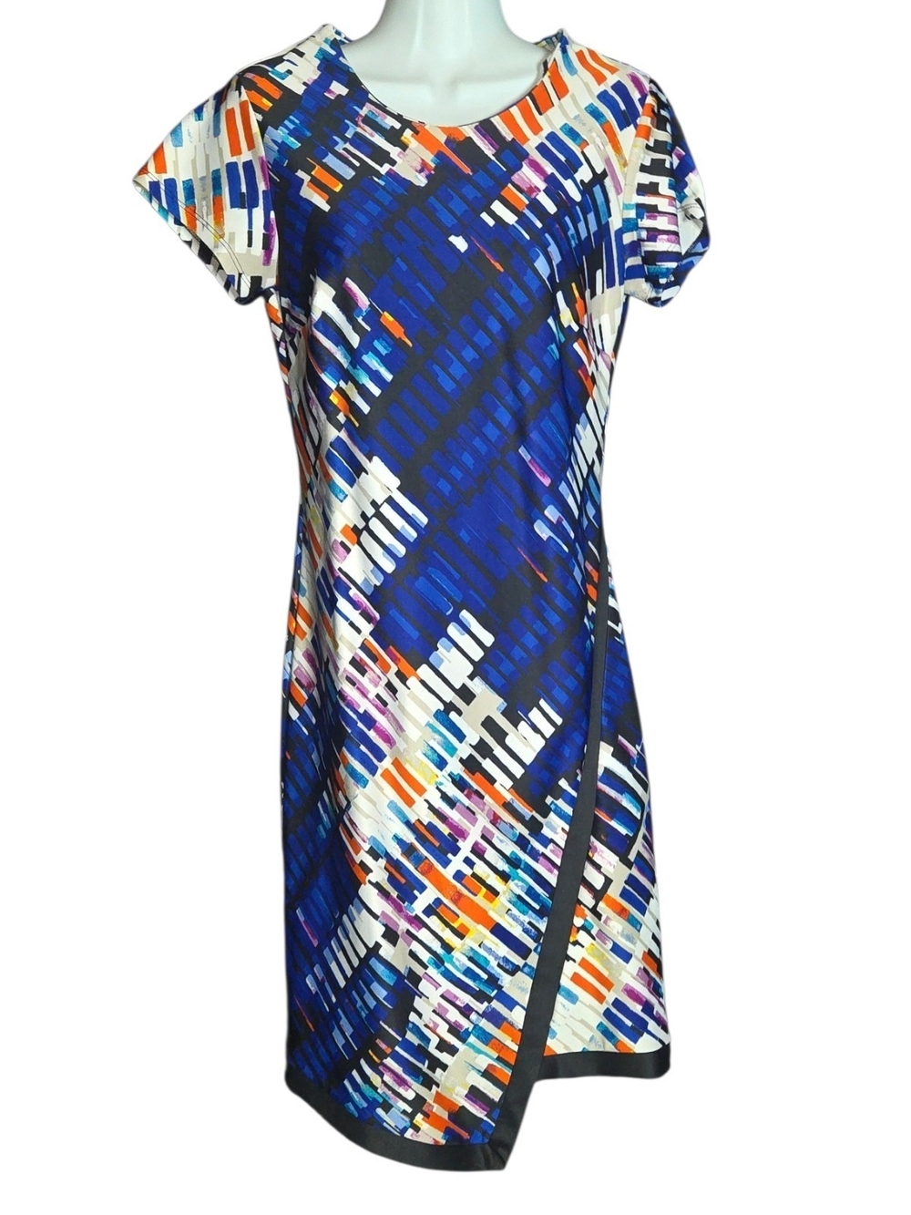 Cato Blue Abstract Print Short Sleeve Dress with Multi-Color Accents